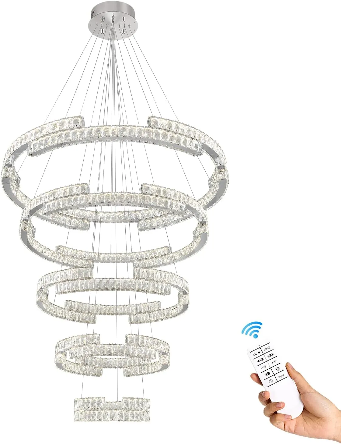 Modern Silver 5 Ring Crystal Chandeliers for High Ceiling Crystal Pendant Light Foyer Entrance LED Dimmable 3000-6000K Fixtures D47.5'' D40'' D32'' D24'' D16''