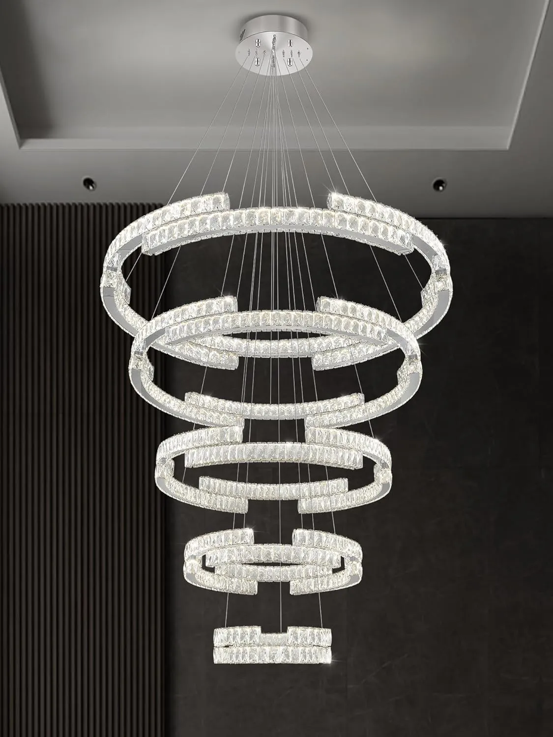 Modern Silver 5 Ring Crystal Chandeliers for High Ceiling Crystal Pendant Light Foyer Entrance LED Dimmable 3000-6000K Fixtures D47.5'' D40'' D32'' D24'' D16''