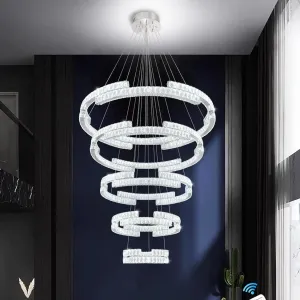 Modern Silver 5 Ring Crystal Chandeliers for High Ceiling Crystal Pendant Light Foyer Entrance LED Dimmable 3000-6000K Fixtures D47.5'' D40'' D32'' D24'' D16''