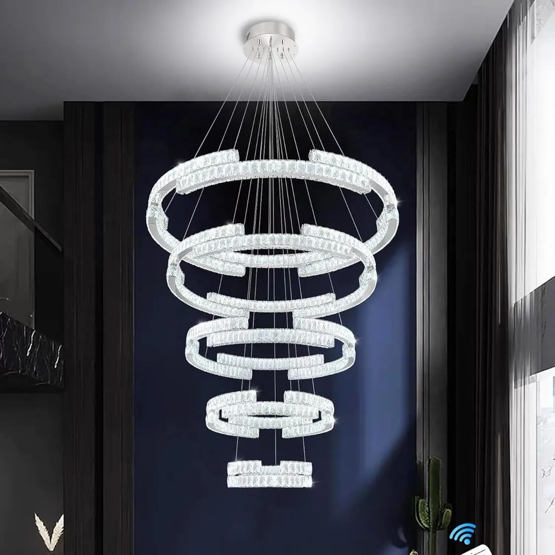 Modern Silver 5 Ring Crystal Chandeliers for High Ceiling Crystal Pendant Light Foyer Entrance LED Dimmable 3000-6000K Fixtures D47.5'' D40'' D32'' D24'' D16''