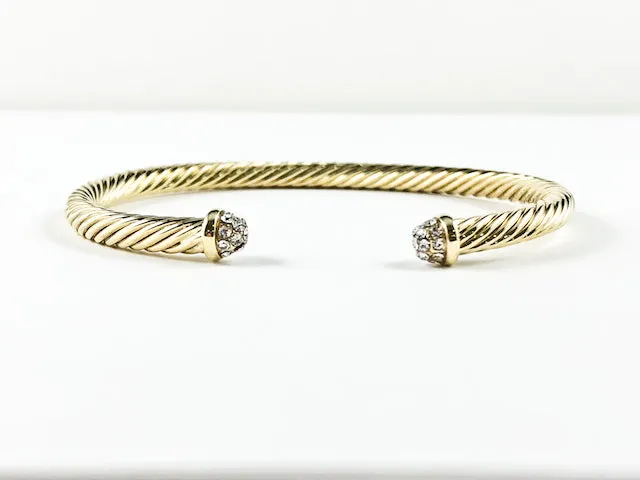 Modern Textured Duo Crystals Gold Tone Brass Cuff Bangle