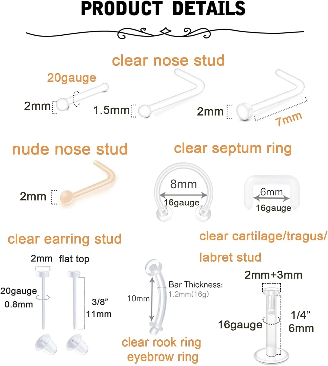 MODRSA Clear Earrings Plastic Earrings for Sports 16g Clear Cartilage Earrings Stud Plastic Helix Tragus Earring Medusa Monroe Piercing Retainer Clear Lip Rings Labret Retainers for Work Surgery