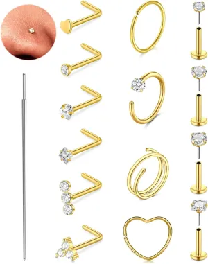 MODRSA Silver & Gold Threadless Nose Studs 20g & 18g Flat Back, Cartilage & Conch Earring Studs for Women 6mm & 8mm