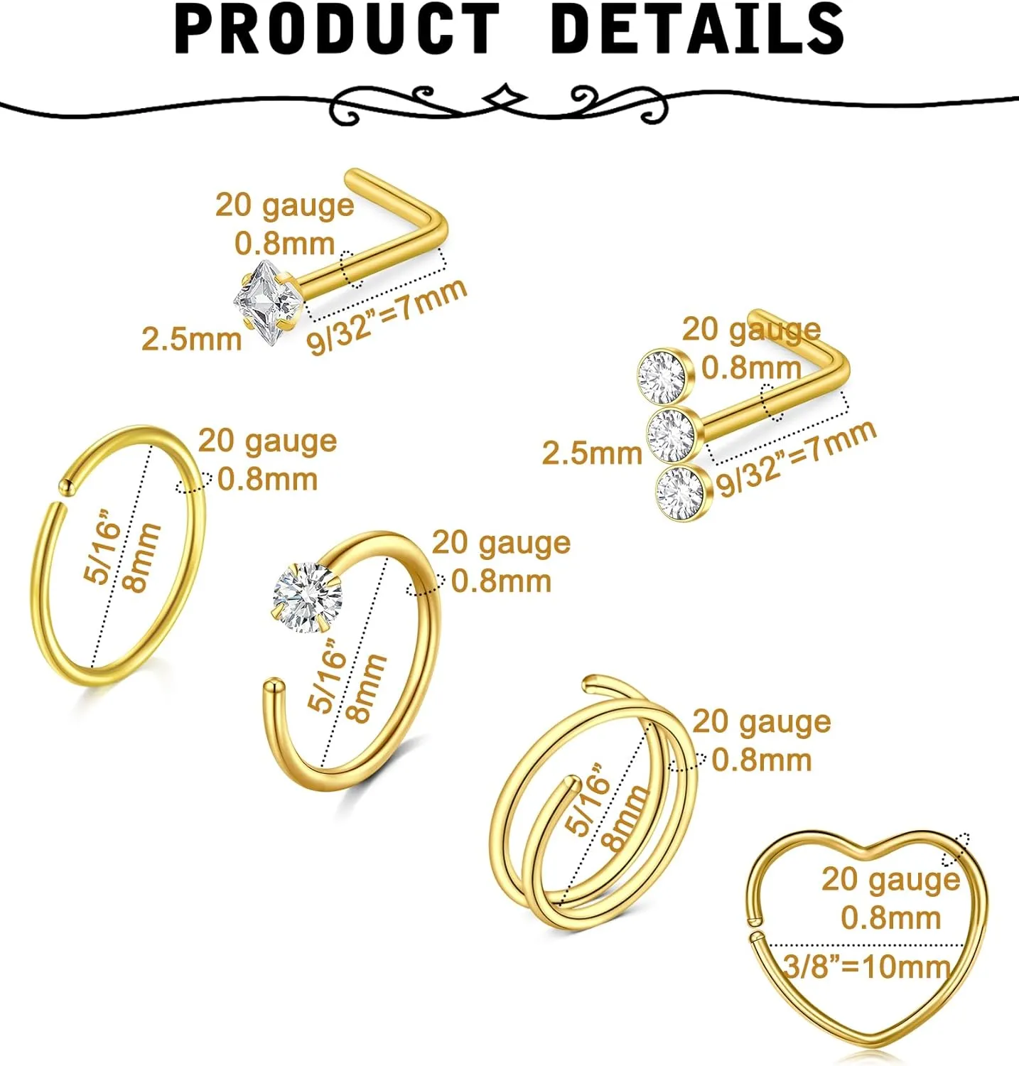 MODRSA Silver & Gold Threadless Nose Studs 20g & 18g Flat Back, Cartilage & Conch Earring Studs for Women 6mm & 8mm