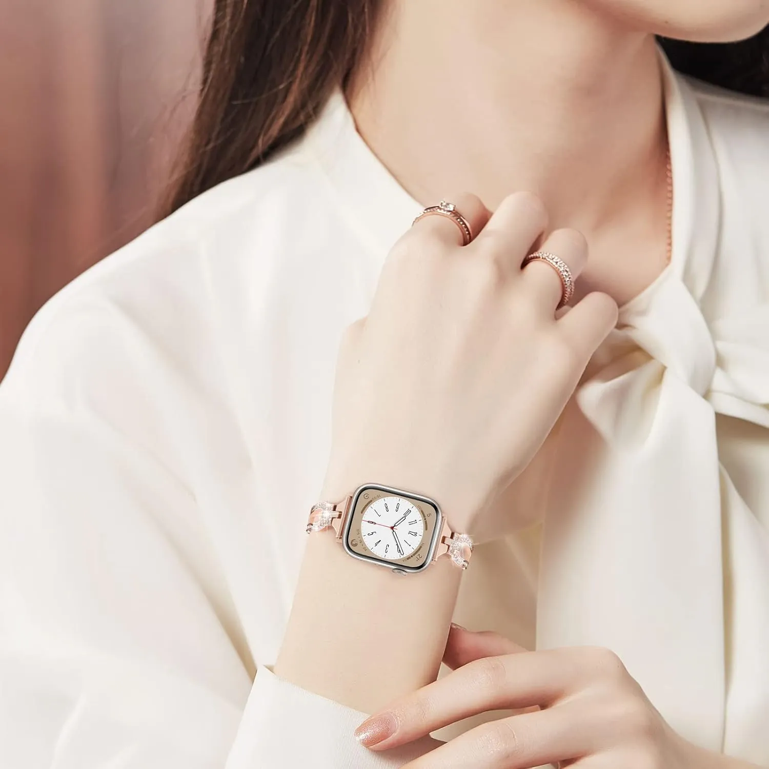 MOFREE Bling Band Compatible for Apple Watch Band 38mm 40mm 41mm 42mm(Series 10) iWatch Series 9 8 7 SE 6 5 4 3 2 1,Dressy Jewelry Diamond Stylish Metal Wristband Strap for Women