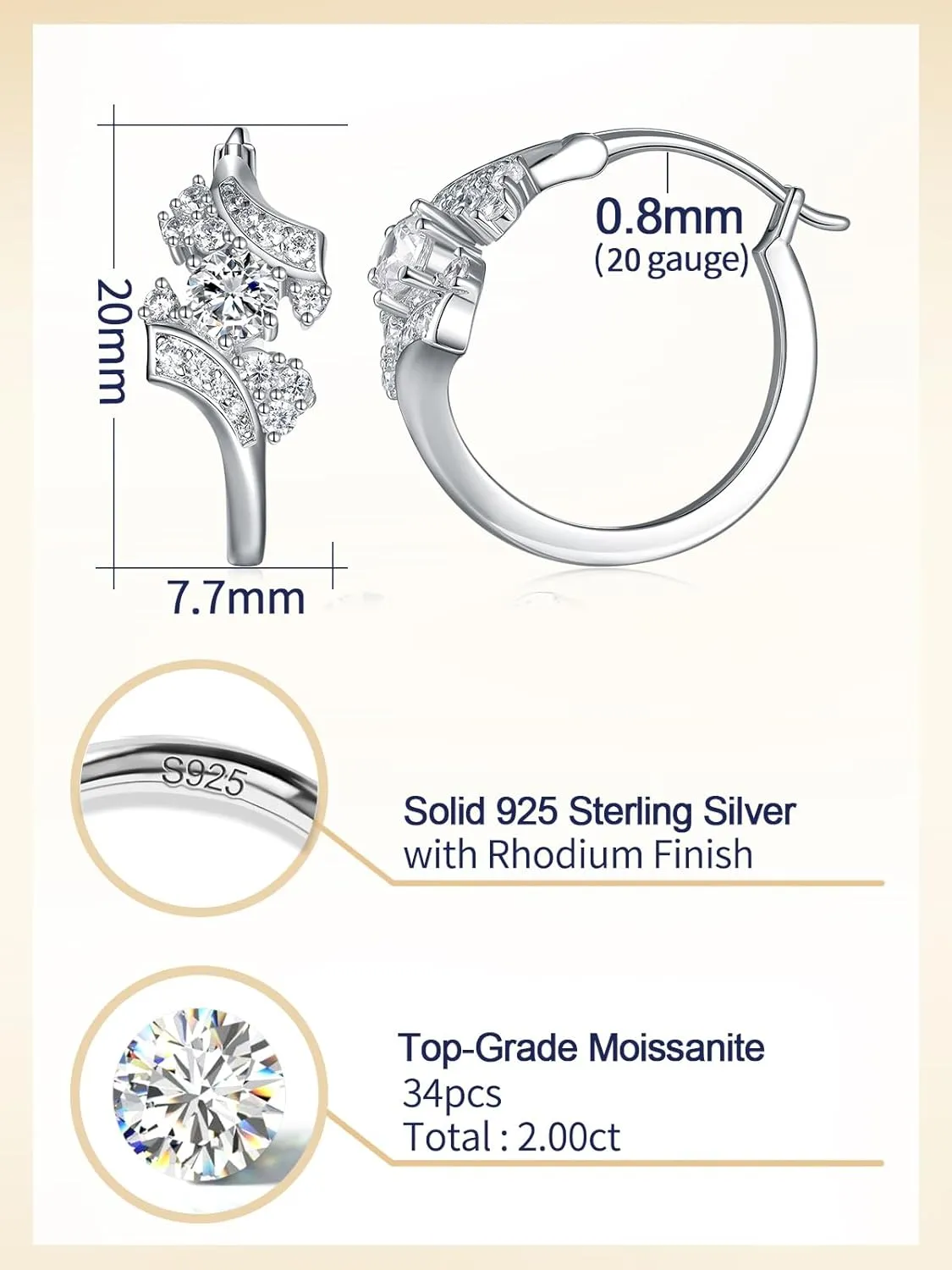 Moissanite Sparkle Hoop Earrings for Women, 100% Solid 925 Sterling Silver, Hypoallergenic Comfy Earrings, 15mm/20mm/30mm, Birthday Anniversary Valentines Mothers Day Ideal Gift for Her