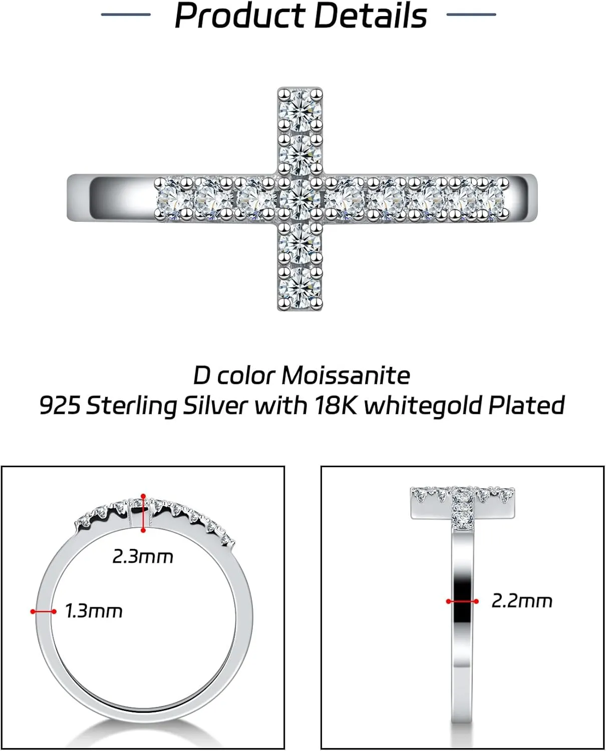 Moissanite Sterling Silver Sideways Cross Rings for Women 925 Eternity Promise Infinity Wedding Band for Her, Size 4-11