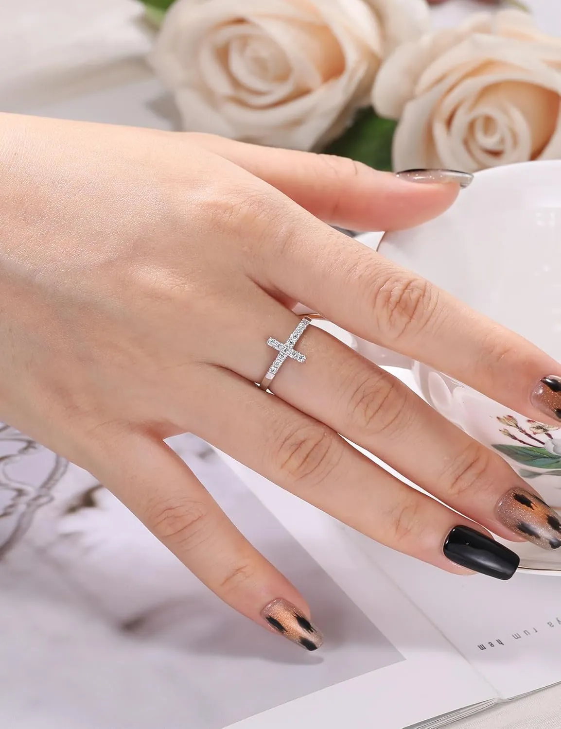Moissanite Sterling Silver Sideways Cross Rings for Women 925 Eternity Promise Infinity Wedding Band for Her, Size 4-11