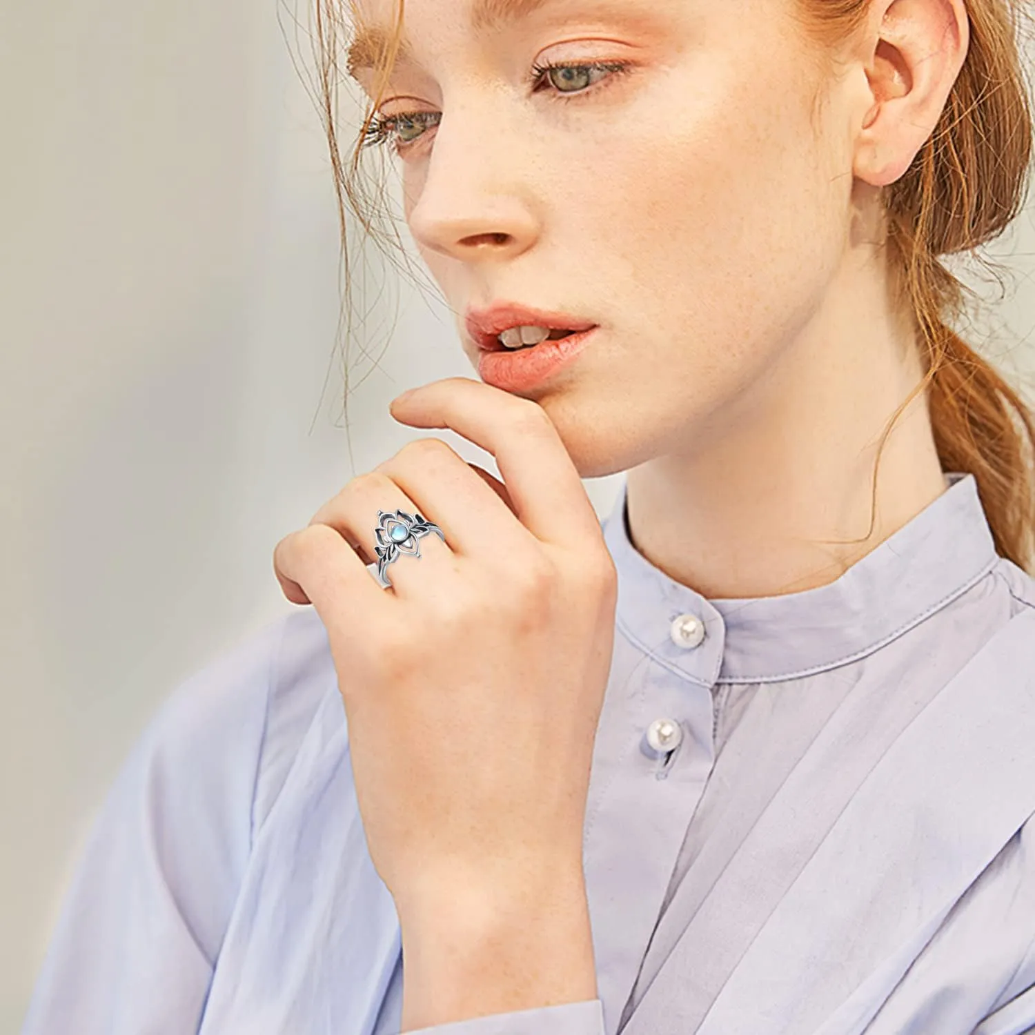 Moonstone Lotus Rings for Women 925 Sterling Silver Lotus Flower Ring Vintage Spiritual Yoga Lotus Jewelry for Women Lotus Gifts
