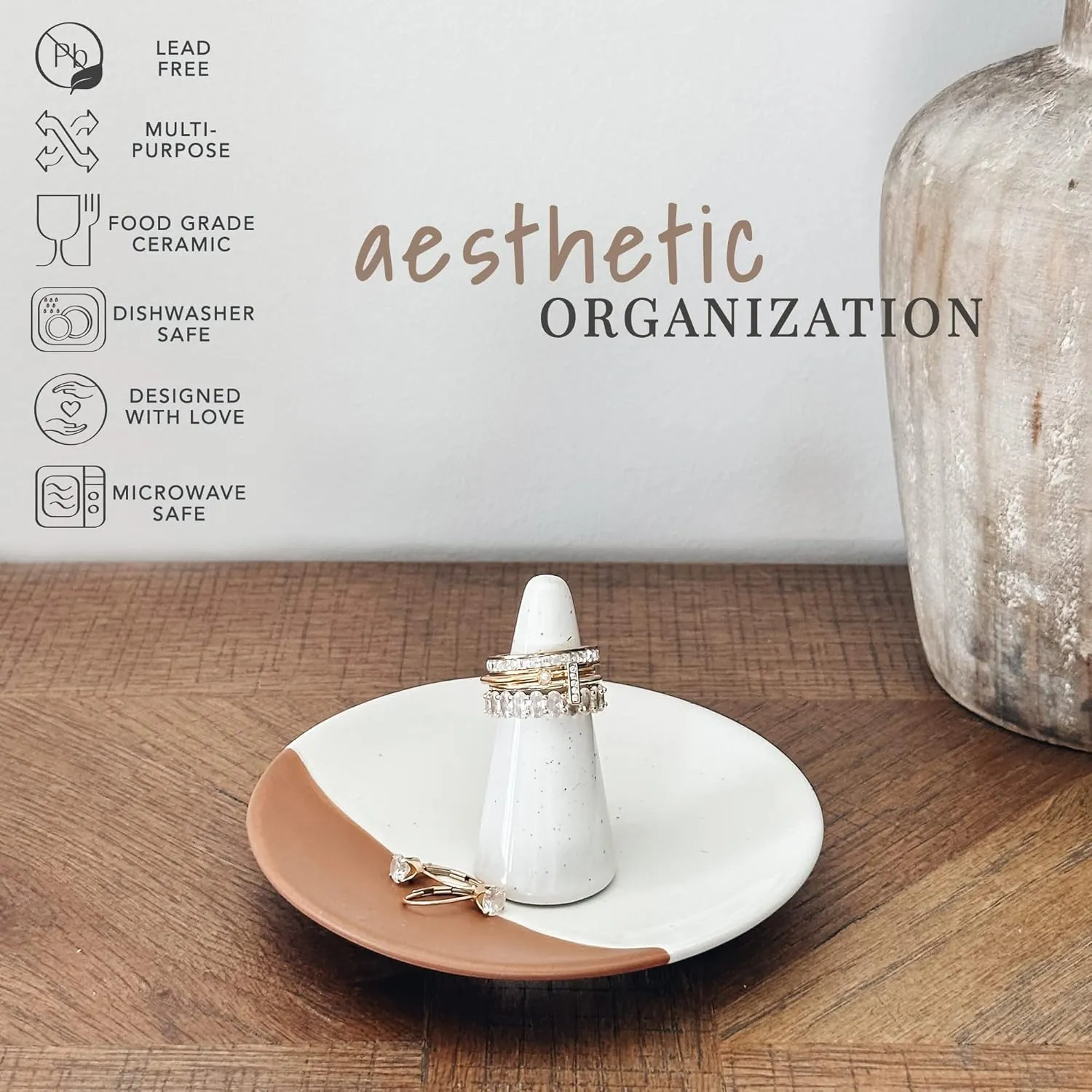 Mora Ring Dish - Jewelry Holder for Wedding/Engagement Rings, Bathroom Vanity, Nightstand, Sink etc. Cute Trendy Gift for Bride/Women, Small Modern Decorative Tray/Plate for Trinket, Room Decor, White