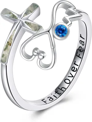 Moss Agate Cross Ring Stethoscope EKG Rings Personalized Birthstone Ring for Women Birthstone Promise Ring Faith Love Fear Ring