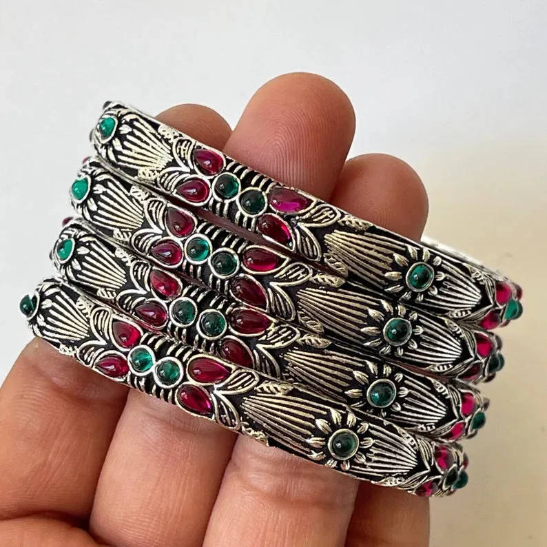 Multicolored Stones Oxidized German Silver Bangles