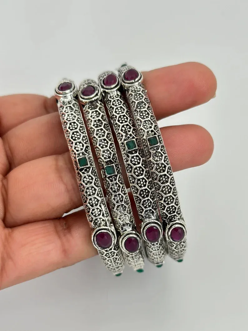 Multicolored Stones Oxidized Silver Bangles