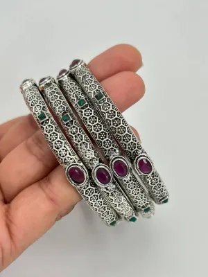 Multicolored Stones Oxidized Silver Bangles