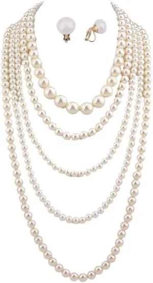 Multilayer Strand Simulated Pearl Statement Necklace and Clip on Earrings Set Women Long Sweater Chain Choker Necklace