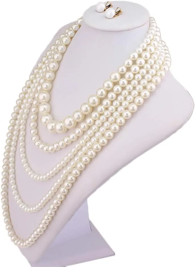 Multilayer Strand Simulated Pearl Statement Necklace and Clip on Earrings Set Women Long Sweater Chain Choker Necklace
