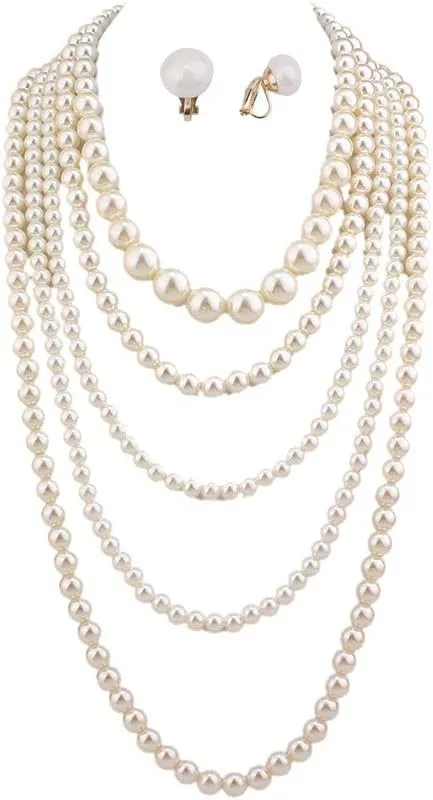 Multilayer Strand Simulated Pearl Statement Necklace and Clip on Earrings Set Women Long Sweater Chain Choker Necklace