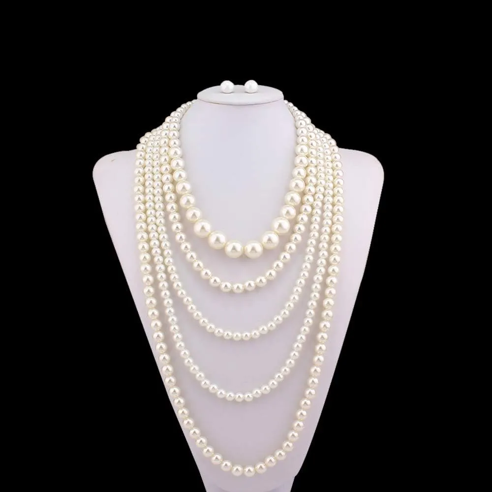 Multilayer Strand Simulated Pearl Statement Necklace and Clip on Earrings Set Women Long Sweater Chain Choker Necklace