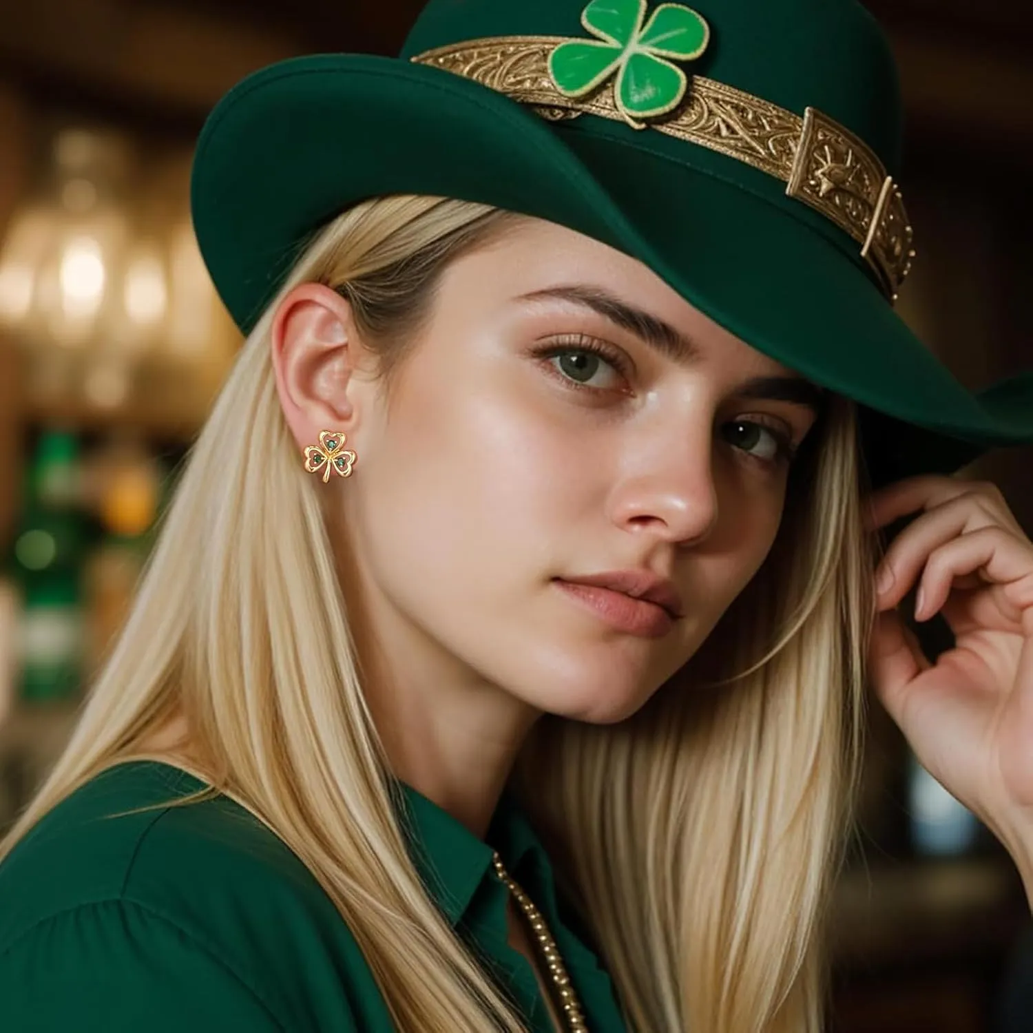 MUYAN St Patricks Day Shamrock Earrings for Women, Green Clover Horseshoe Stud Earrings for Irish Festival Jewelry
