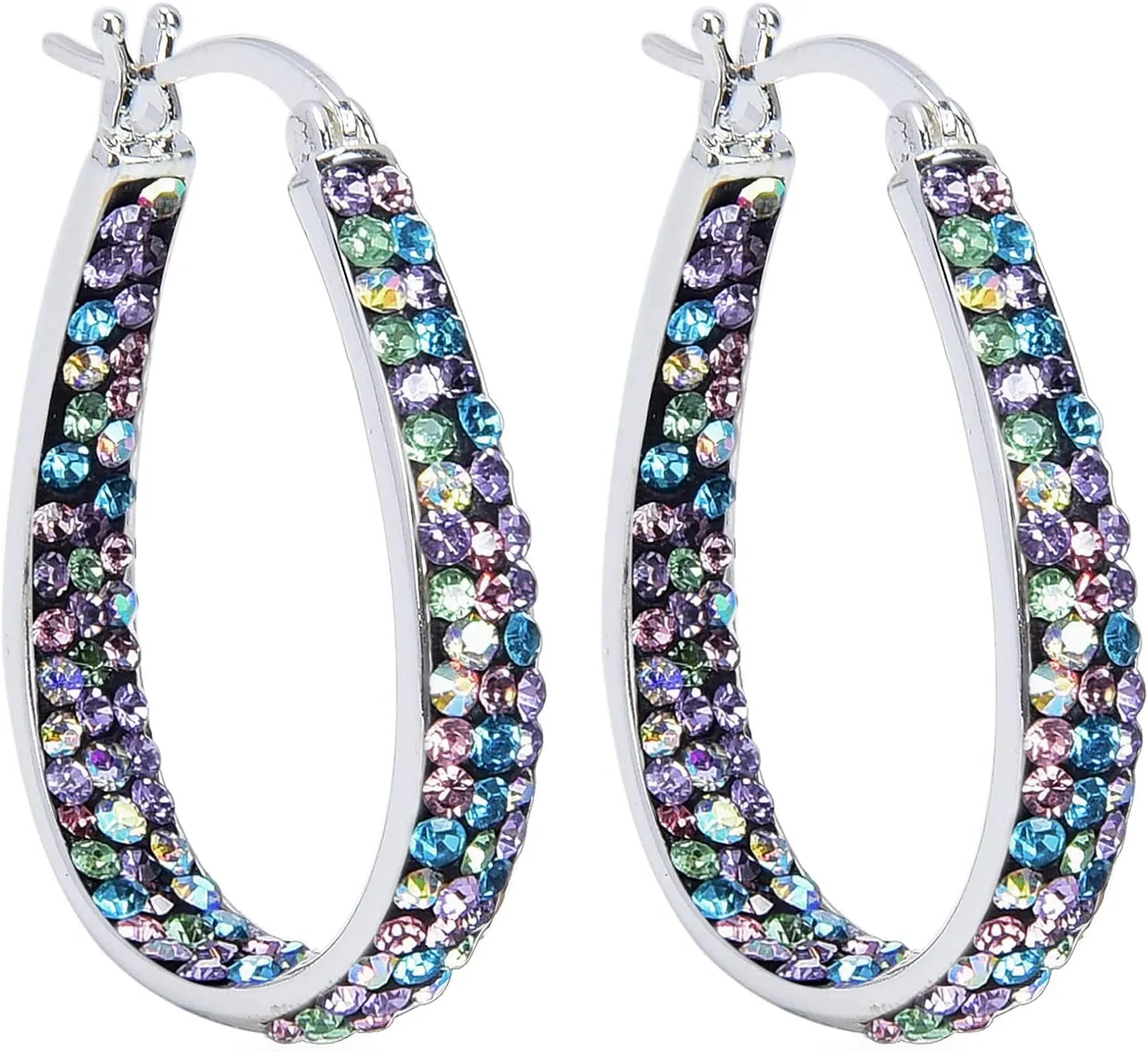 MUYUU Oval Hoop Earrings, Rhodium Plated Inside Out Crystal Hoop Earrings For Women Fashion Jewelry