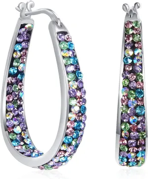MUYUU Oval Hoop Earrings, Rhodium Plated Inside Out Crystal Hoop Earrings For Women Fashion Jewelry
