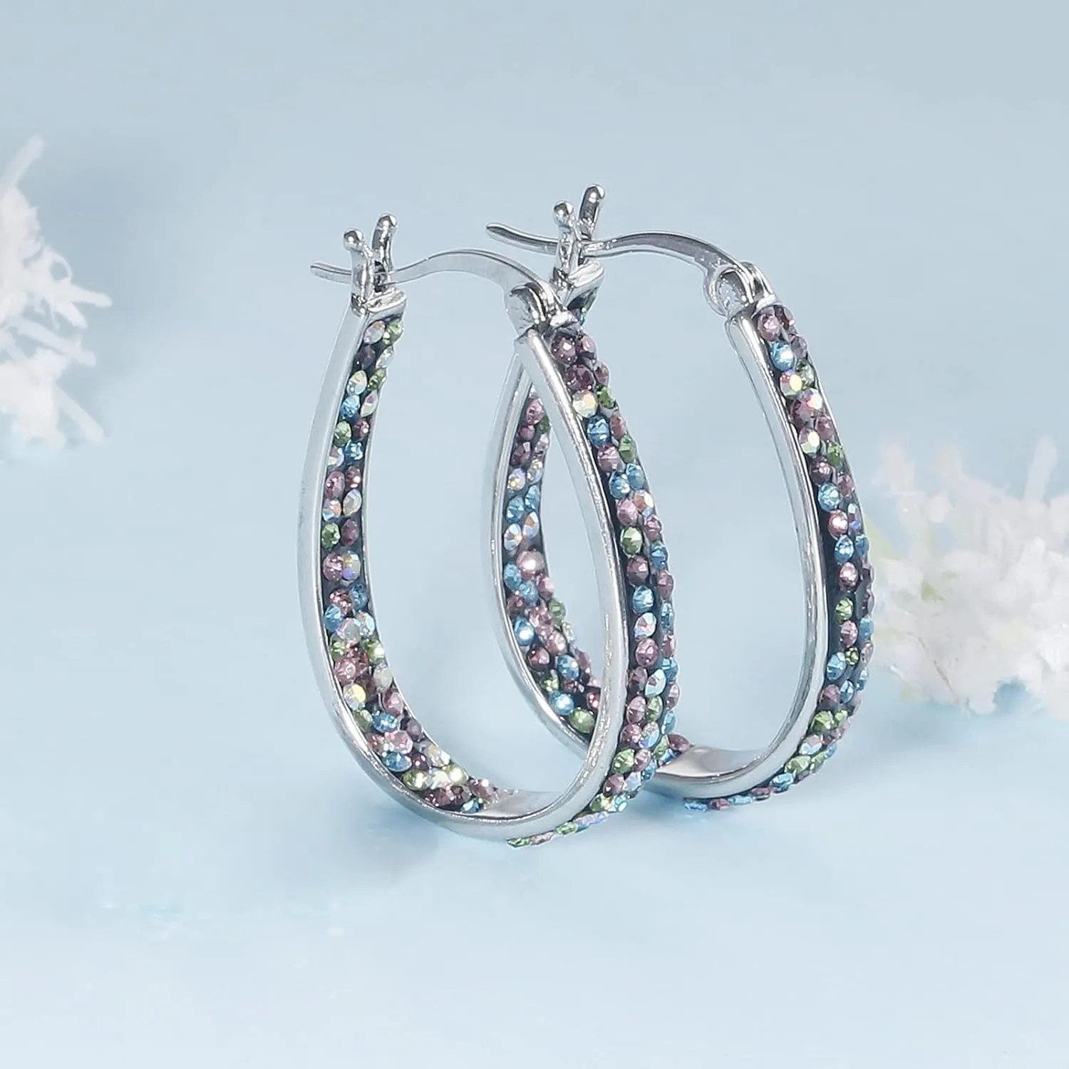 MUYUU Oval Hoop Earrings, Rhodium Plated Inside Out Crystal Hoop Earrings For Women Fashion Jewelry