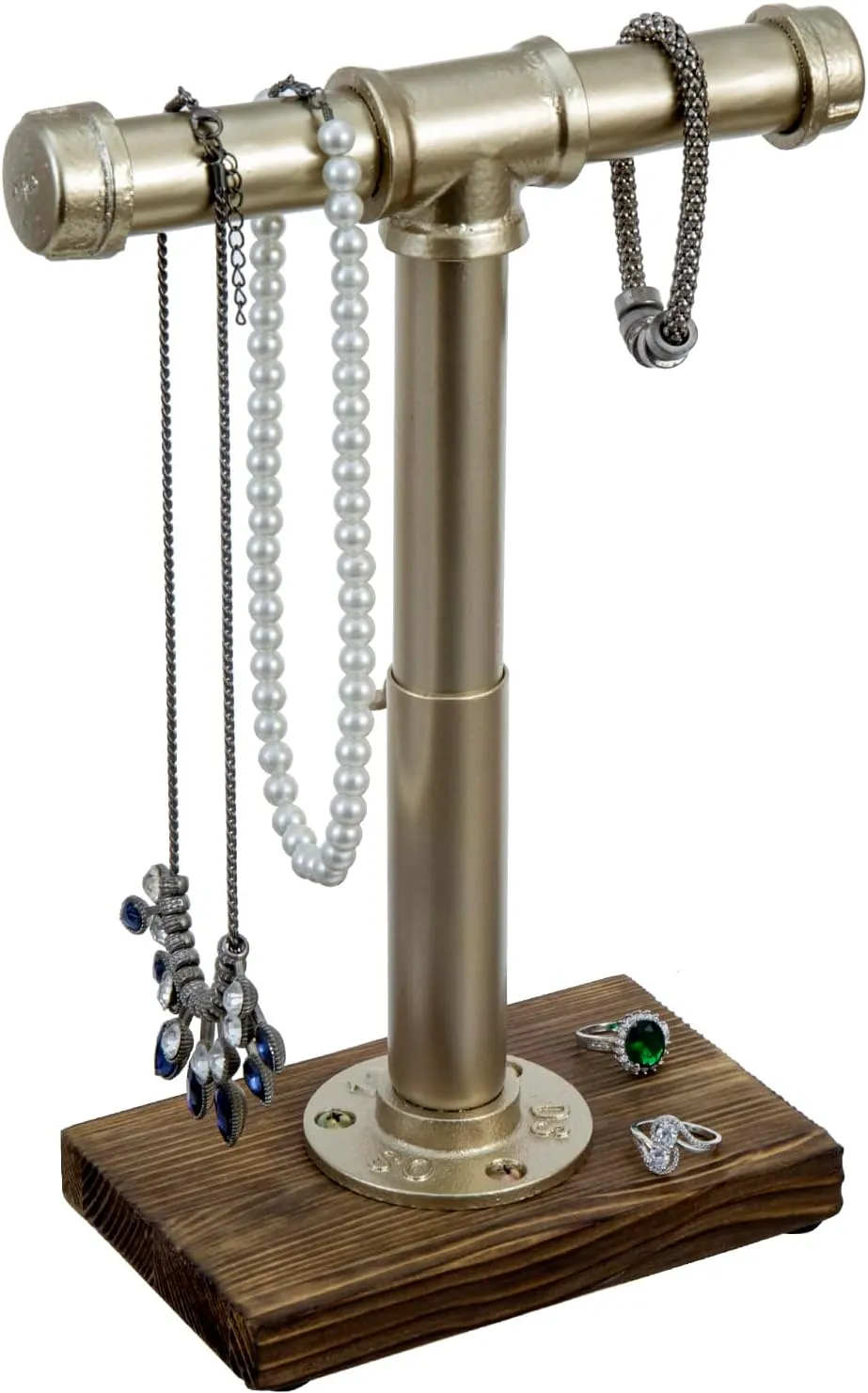 MyGift Modern Brass-Tone Metal Jewelry Display Stand with Industrial Pipe Adjustable Height T-Bar Necklace Bracelet Hanging Organizer Rack with Rustic Burnt Wood Base