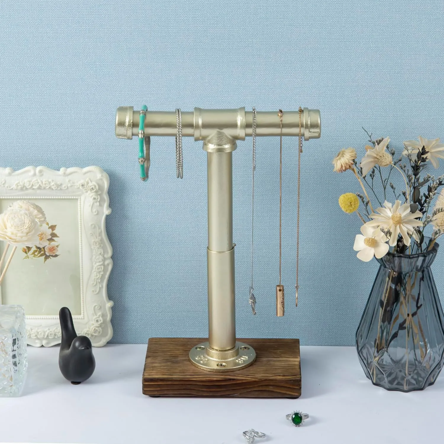 MyGift Modern Brass-Tone Metal Jewelry Display Stand with Industrial Pipe Adjustable Height T-Bar Necklace Bracelet Hanging Organizer Rack with Rustic Burnt Wood Base