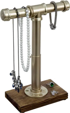 MyGift Modern Brass-Tone Metal Jewelry Display Stand with Industrial Pipe Adjustable Height T-Bar Necklace Bracelet Hanging Organizer Rack with Rustic Burnt Wood Base