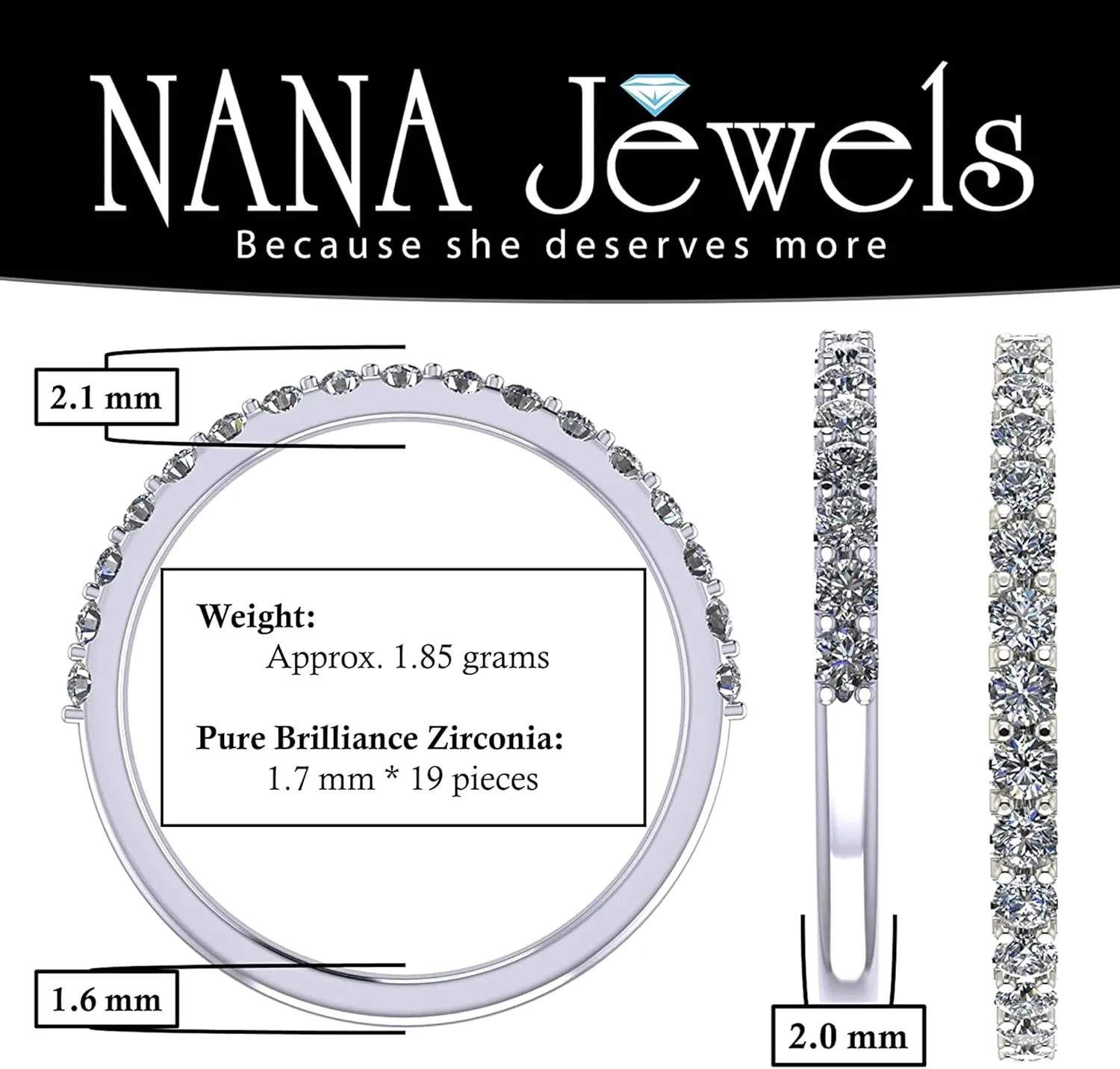NANA Jewels Wedding Band Cubic Zirconia in 925 Sterling Silver 10K and 14K Gold Half Eternity Stackable Anniversary Ring Size 4-12