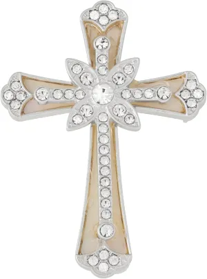 Napier boxed silver and mother of pearl Cross pin with crystal accents, traditional stick pin closure
