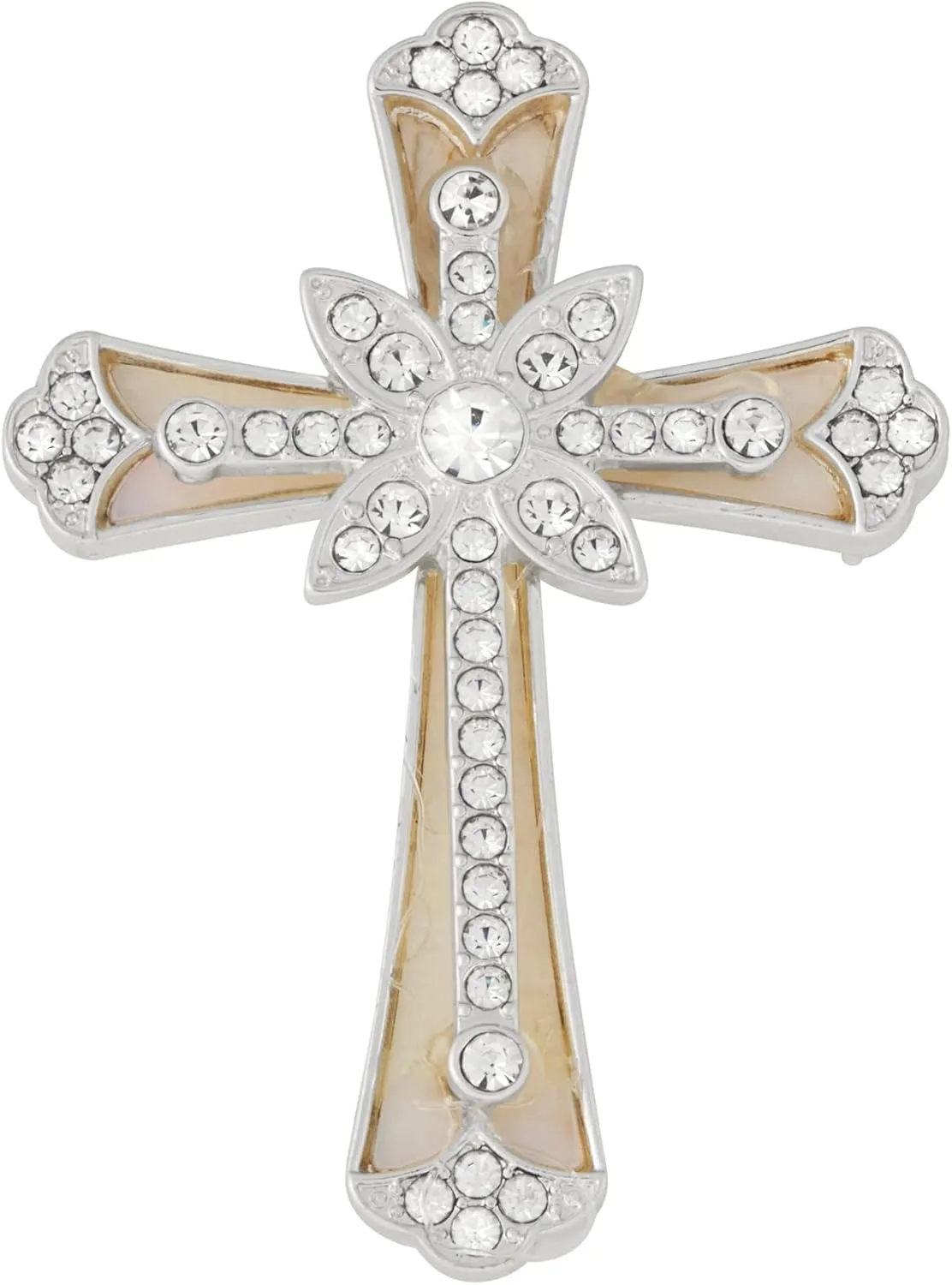 Napier boxed silver and mother of pearl Cross pin with crystal accents, traditional stick pin closure