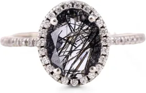 Natural Black Rutile Quartz Ring 14k White Gold Bridesmaid Jewelry Art Deco Engagement Ring Diamond Proposal Ring Gift For Wife