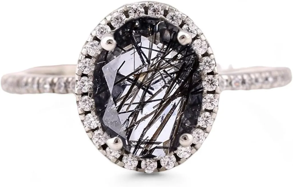 Natural Black Rutile Quartz Ring 14k White Gold Bridesmaid Jewelry Art Deco Engagement Ring Diamond Proposal Ring Gift For Wife
