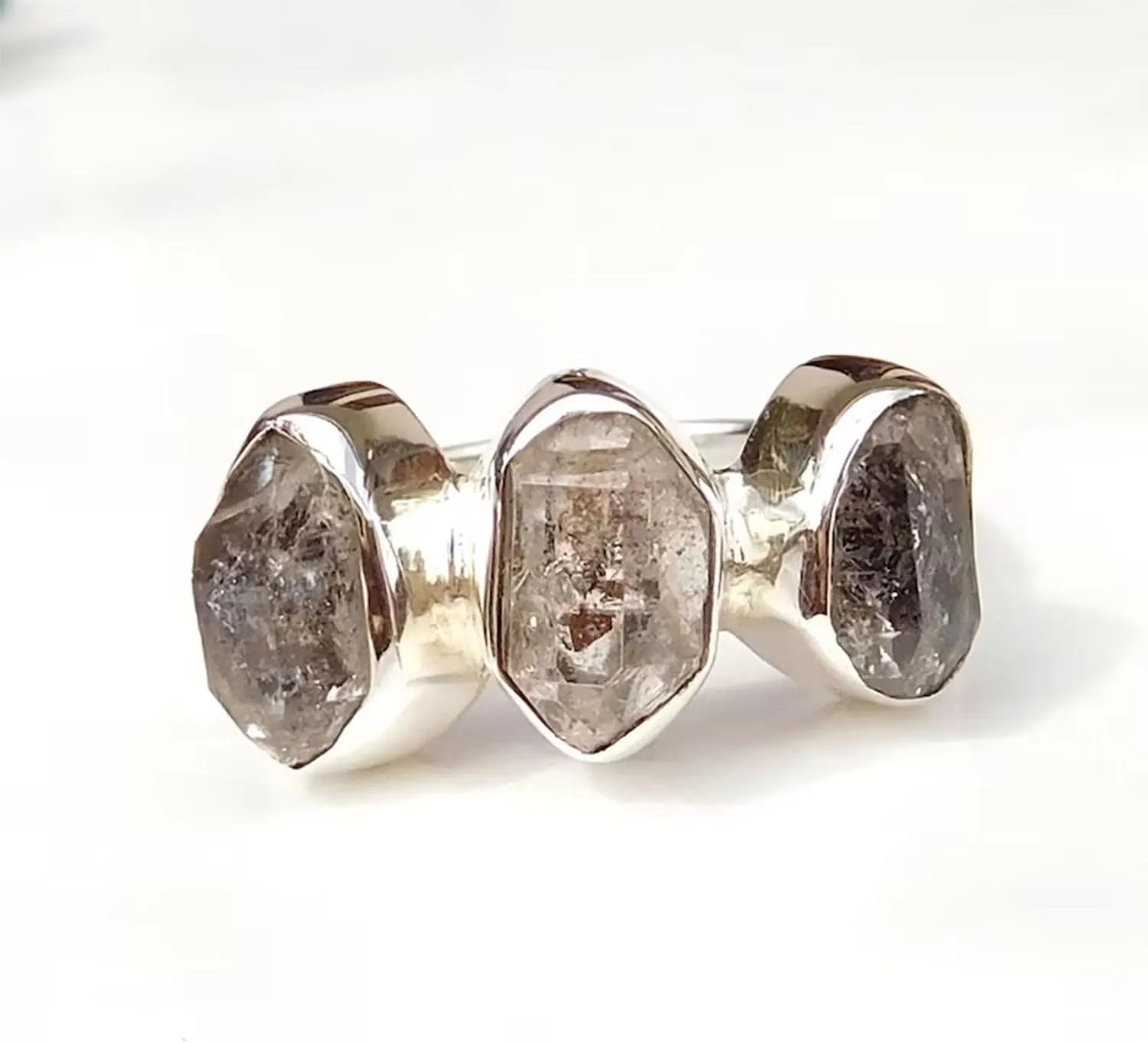 Natural Rough Herkimer Diamond Ring | Natural Raw Grey Gemstone Solid 925 Sterling Silver Ring | Party Engagement Band Healing Crystal Ring For Women's Handmade Jewelry