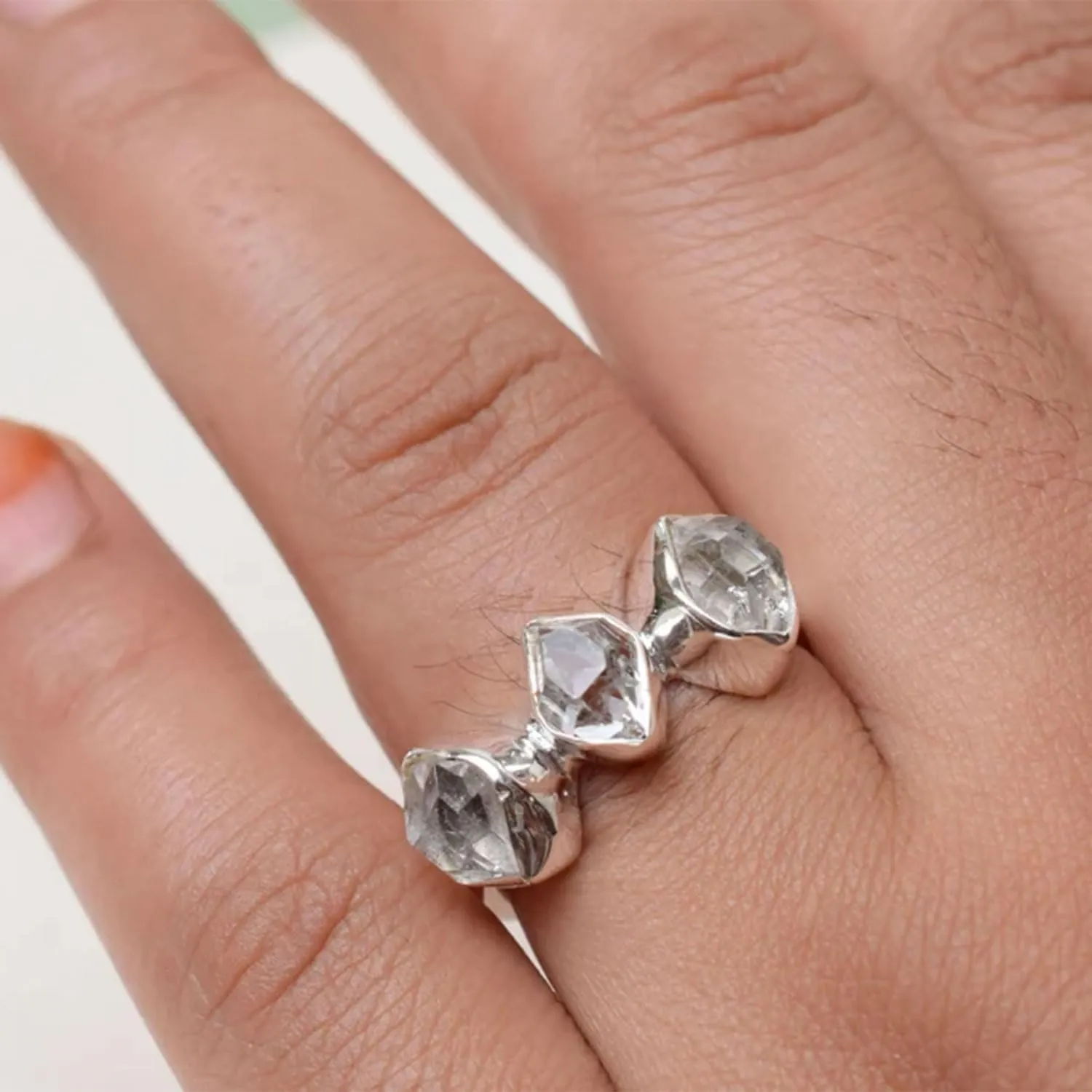 Natural Rough Herkimer Diamond Ring | Natural Raw Grey Gemstone Solid 925 Sterling Silver Ring | Party Engagement Band Healing Crystal Ring For Women's Handmade Jewelry