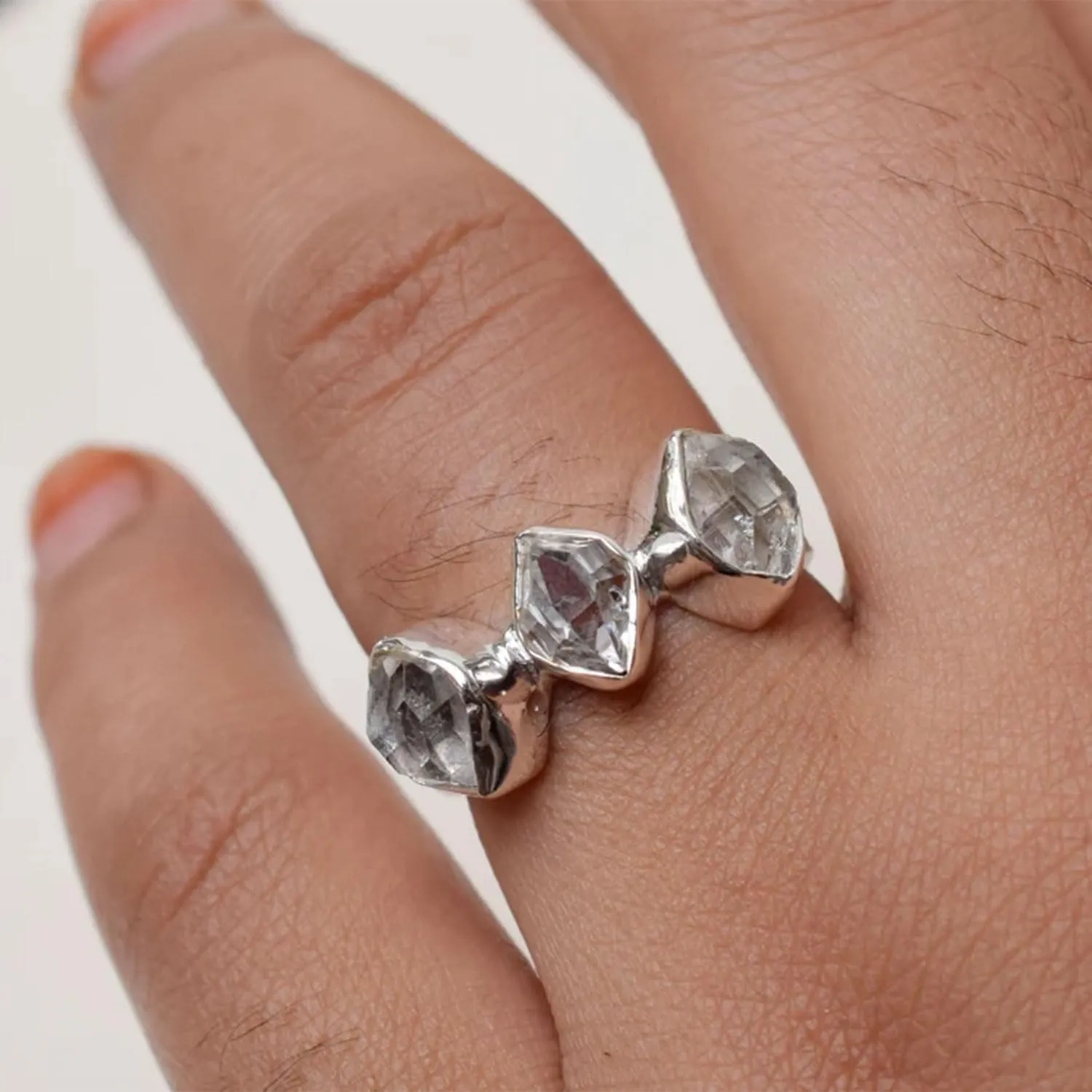 Natural Rough Herkimer Diamond Ring | Natural Raw Grey Gemstone Solid 925 Sterling Silver Ring | Party Engagement Band Healing Crystal Ring For Women's Handmade Jewelry