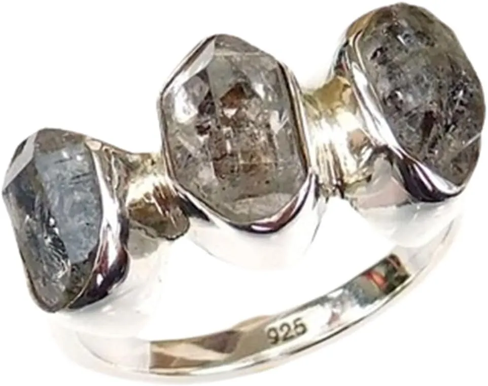 Natural Rough Herkimer Diamond Ring | Natural Raw Grey Gemstone Solid 925 Sterling Silver Ring | Party Engagement Band Healing Crystal Ring For Women's Handmade Jewelry