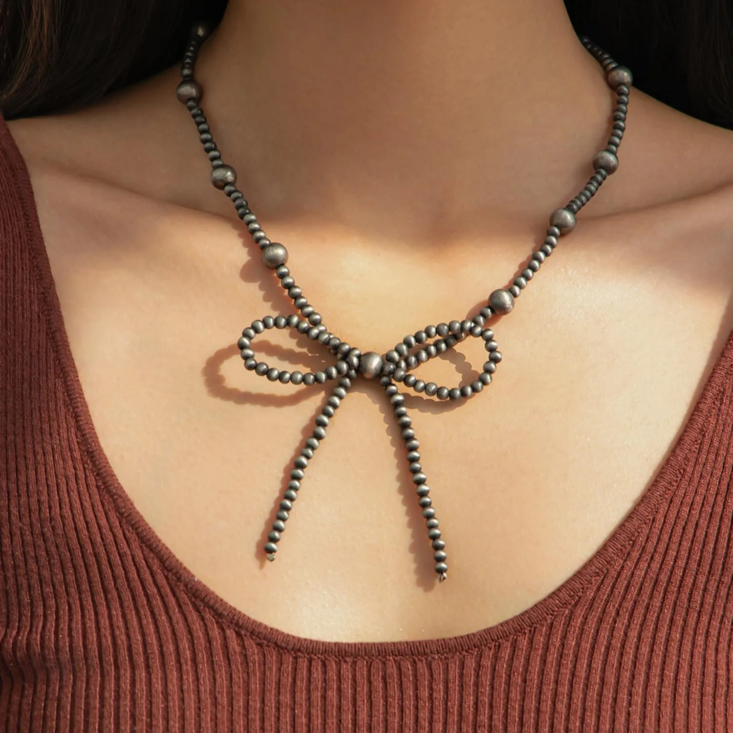Navajo Pearl Bow Necklace - Western Jewelry for Women, Country Cowgirl Style, Turquoise Bow Elegant Pearl Necklace, Stylish Western Jewelry for Women