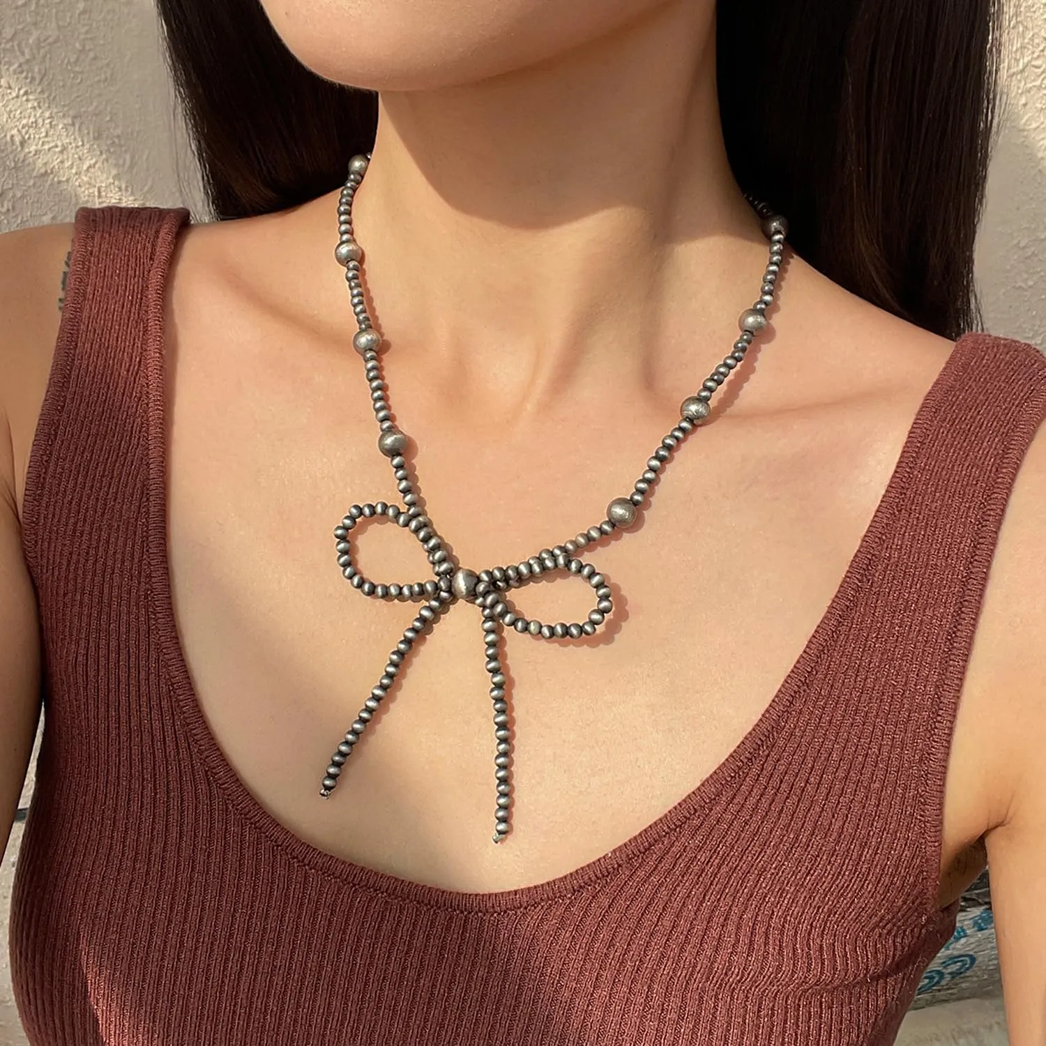 Navajo Pearl Bow Necklace - Western Jewelry for Women, Country Cowgirl Style, Turquoise Bow Elegant Pearl Necklace, Stylish Western Jewelry for Women