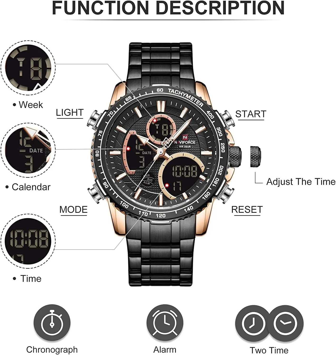 NAVIFORCE Digital Analog Quartz Watch Men Luxury Stainless Steel Waterproof Watches Fashion Business Chronograph Military Multifunctional Wristwatches