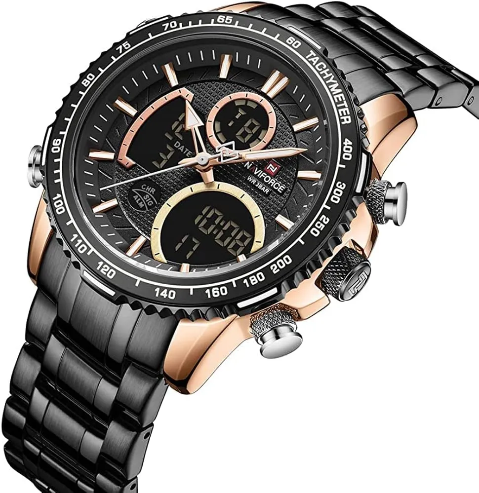 NAVIFORCE Digital Analog Quartz Watch Men Luxury Stainless Steel Waterproof Watches Fashion Business Chronograph Military Multifunctional Wristwatches