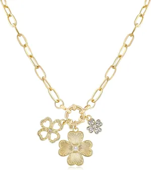 NEKOL Gold Clover Charm Necklace for Women, 14K Gold Plated Lucky Four Leaf Clover Pendant Necklace with Cubic Zirconia and Paperclip Chain Birthday Valentine's Day Jewelry Gift for Women