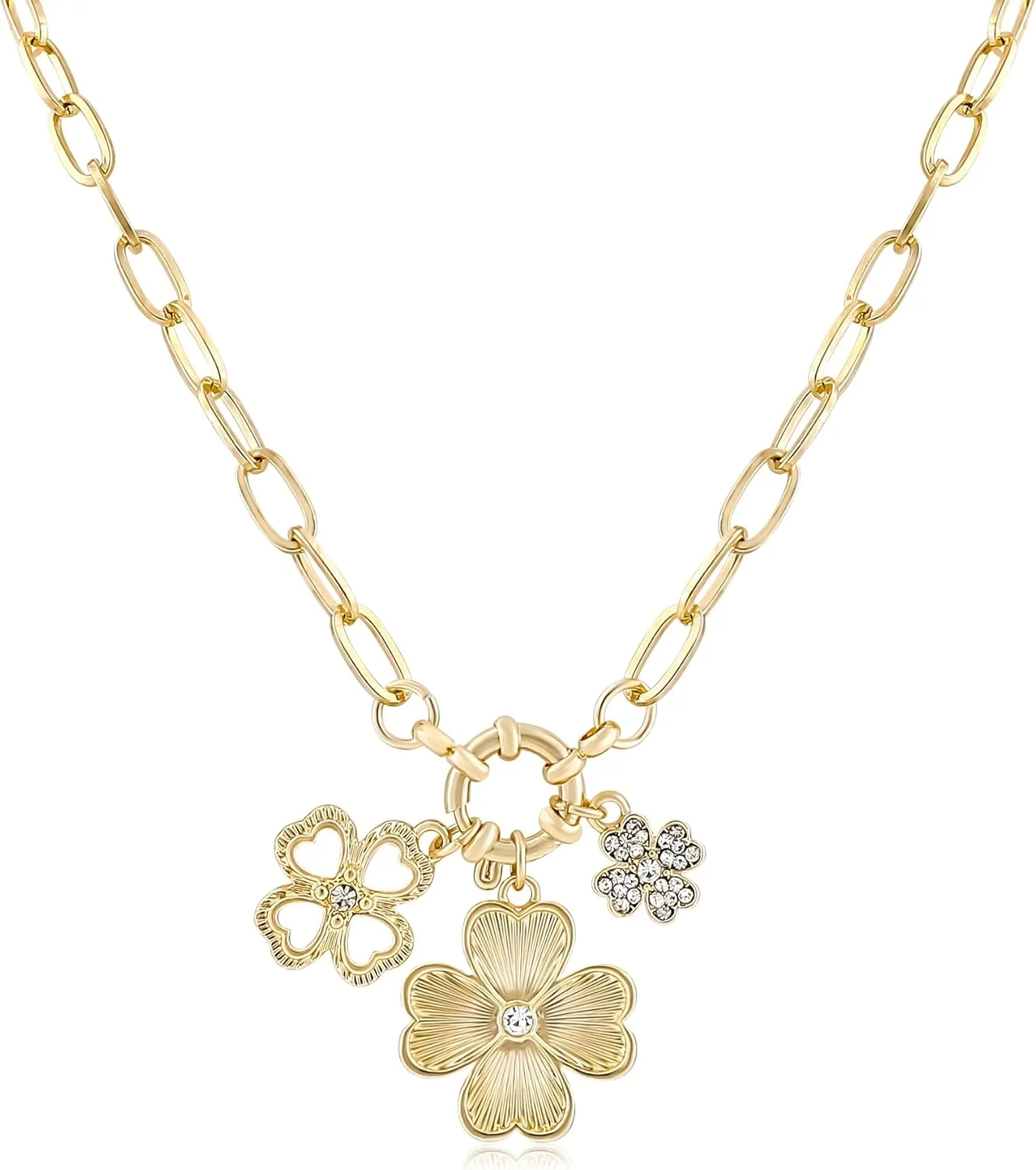 NEKOL Gold Clover Charm Necklace for Women, 14K Gold Plated Lucky Four Leaf Clover Pendant Necklace with Cubic Zirconia and Paperclip Chain Birthday Valentine's Day Jewelry Gift for Women