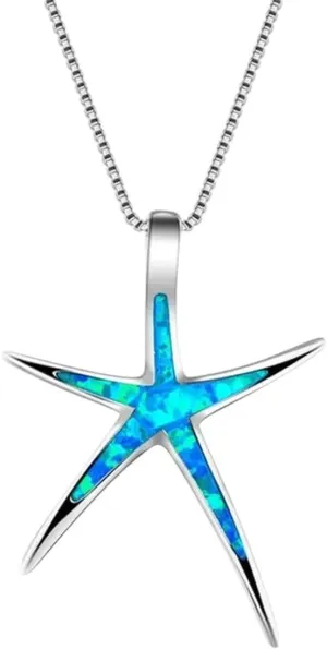 New 2025 Cute Sea Animal Starfish Pendant Necklace For Women Inlay Imitation Blue Opal Wedding Party Jewelry Findings Gifts Fashion Trendy Accessories Creative Gift
