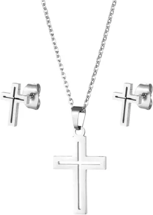 New 2025 Fashion Stainless Steel Silver Color Hollow Cross Pendant Necklace Cool Jesus Cross Chain Necklace Jewelry Set For Women Decoration Jewelry Commemorative Accessories Trendy Best For Gift
