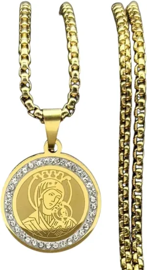 New 2025 Religious Virgin Mary Jesus Pendant Necklace For Men Women Rhinestone Stainless Steel Gold Color Amulet Chain Decoration Jewelry Commemorative With You Accessories Trendy Best For Gift
