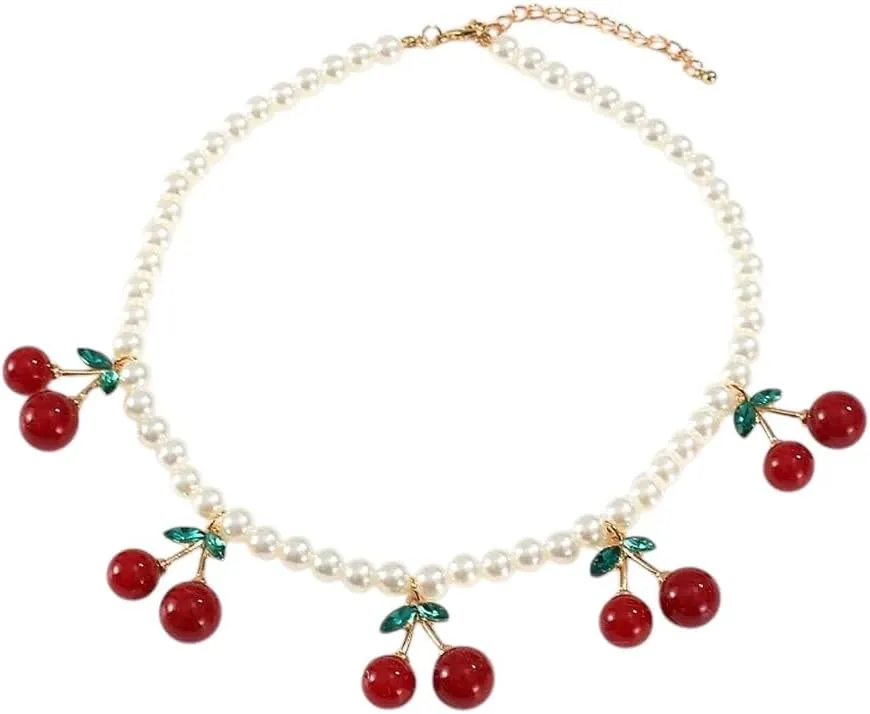 New 2025 Unisex Fashion Red Cherry Imitation Pearl Necklaces For Women Hers Korean Cute Fruit Choker Party Jewelry Gifts Decoration Luxury With You Accessories Trendy For Women And Men