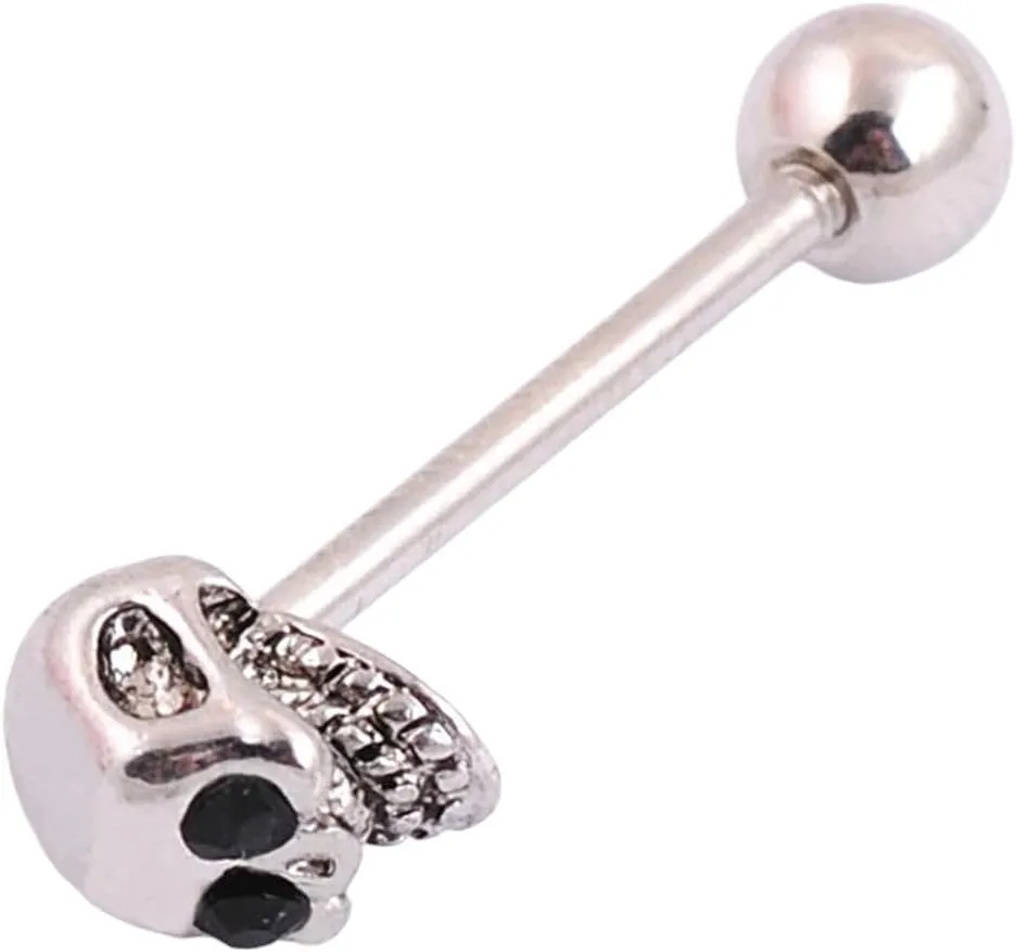 New For Trendy 2025 1Pc Skull Tongue Piercing Stud Zircon Tongue Rings Stainless Steel Barbell Body Jewelry Fashion Accessories Creative Gift
