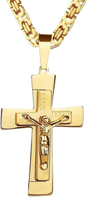 New For Trendy 2025 Catholic Jesus Christ Cross Pendant Necklace Stainless Steel Long Byzantine Chain Crucifix Cross Necklace Jewelry Fashion Accessories Creative Gift